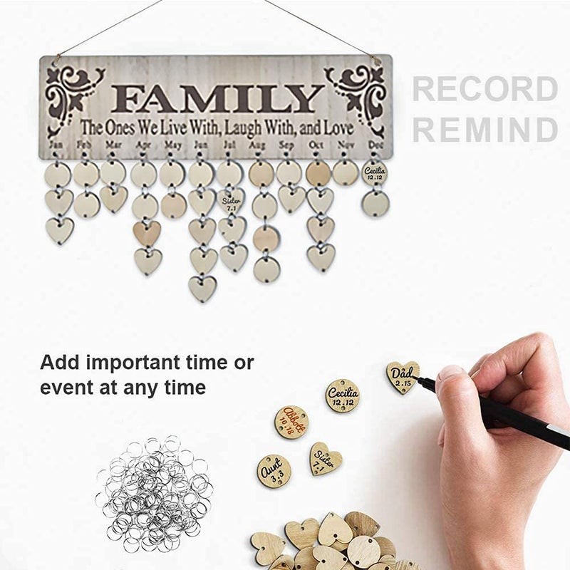 OYEFLY Wooden Family Birthday Reminder Calendar Board Decorative Birthday Tracker Plaque Wall Hanging with 100 Wood Tags and Holes/Family Sayings Pattern - Image 5